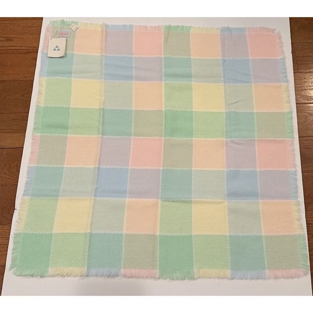 Baby Blanket Three Weavers Pastel Pink Blue Green Squares Acrylic NWT Vintage